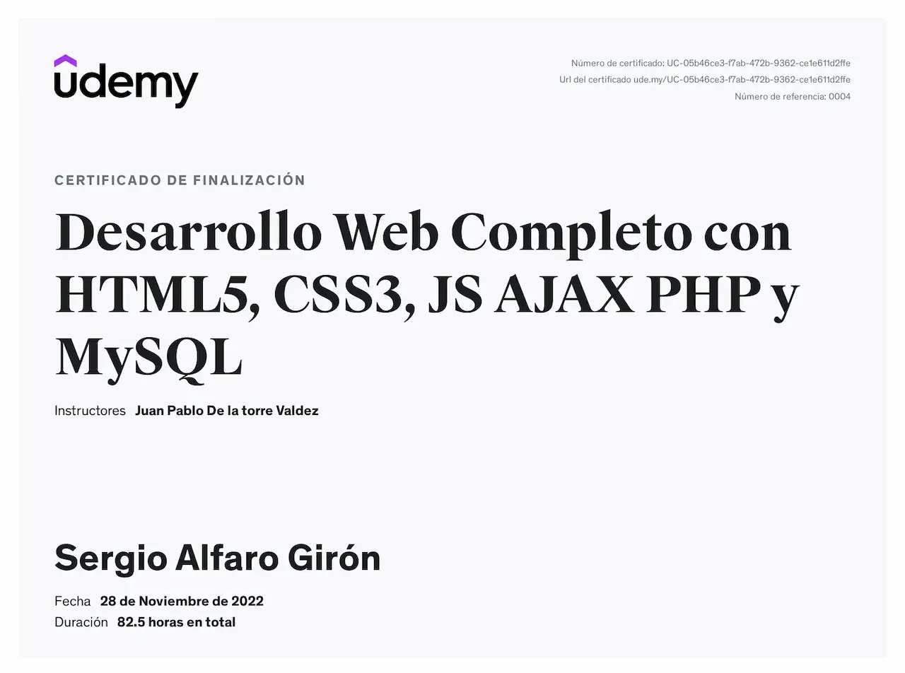 Certificado de Complete Web Development with HTML5, CSS3, JS AJAX PHP and MySQL