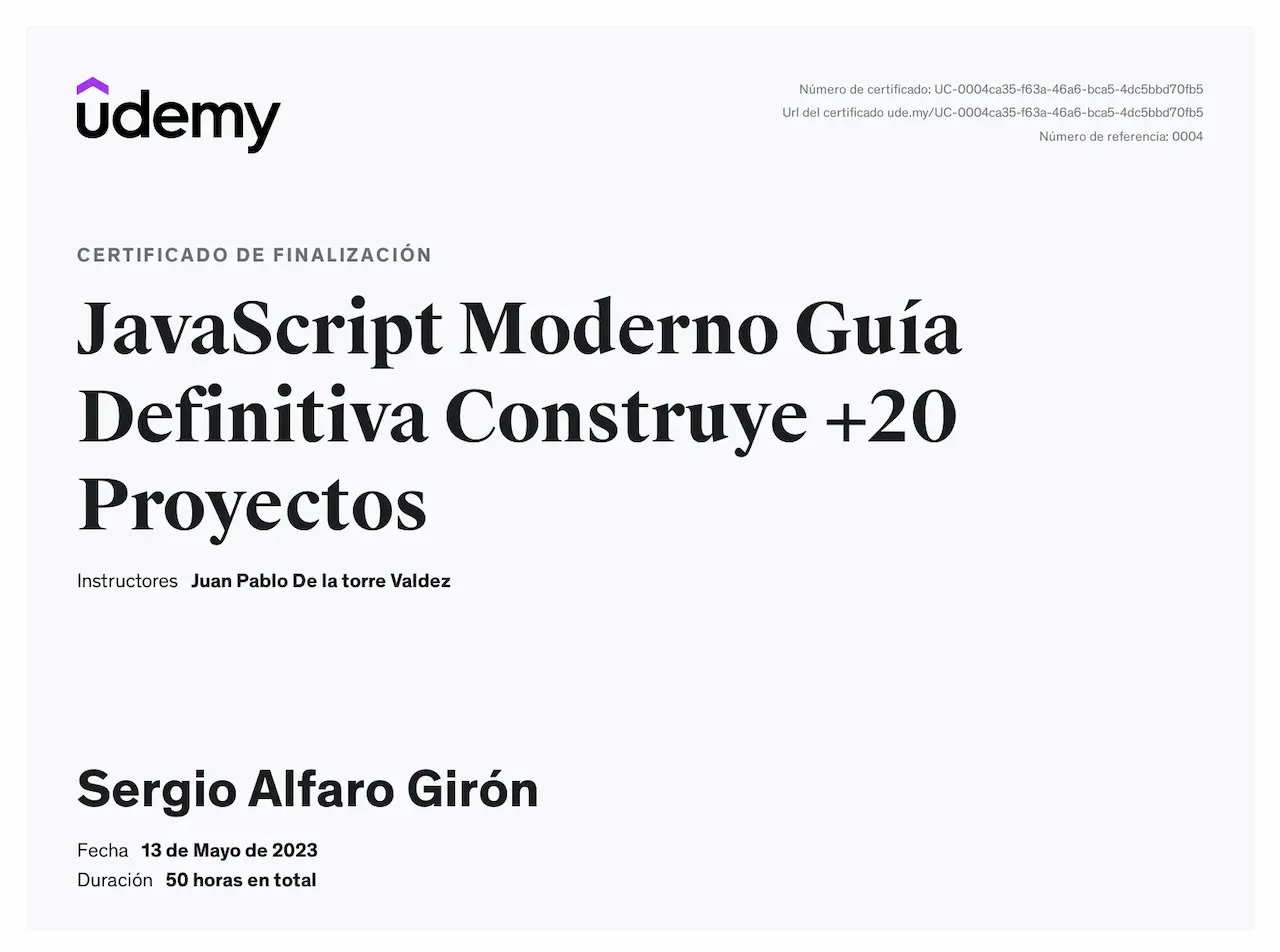 Certificado de Modern JavaScript: The Definitive Guide